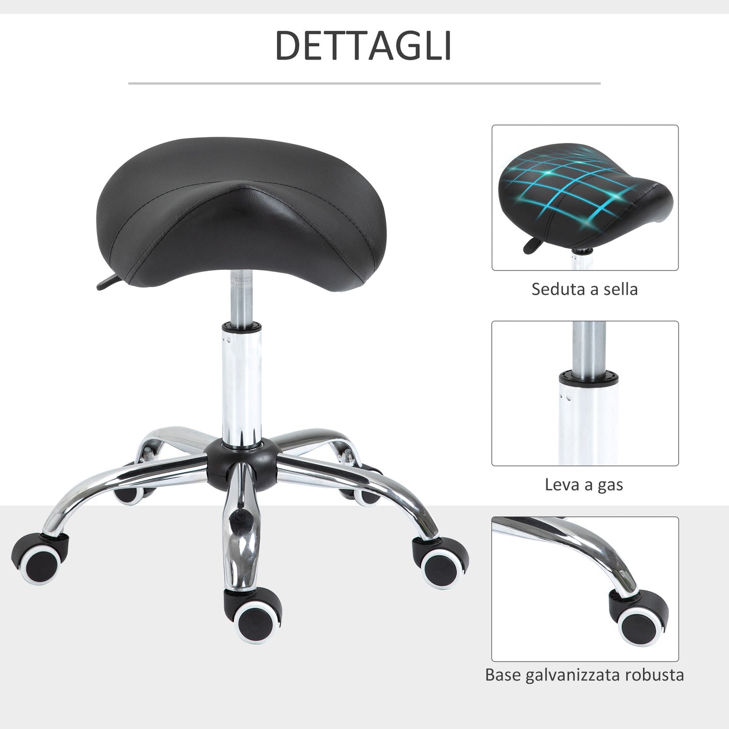 Saddle Work Stool with Wheels and Adjustable Height for Hairdressing and Tattoo Shops, 52x53x49-61cm Black