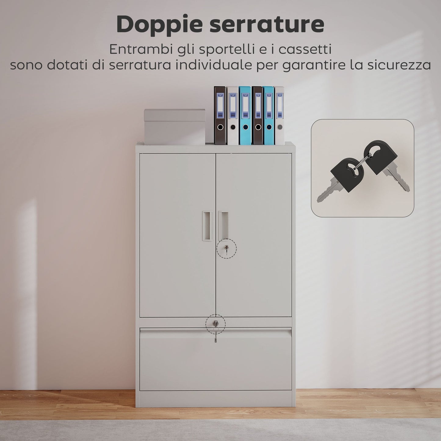 Steel Office Cabinet with Adjustable Internal Shelf and Drawer, 80x40x130 cm, White