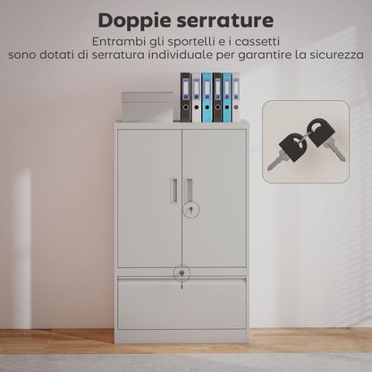 Steel Office Cabinet with Adjustable Internal Shelf and Drawer, 80x40x130 cm, White