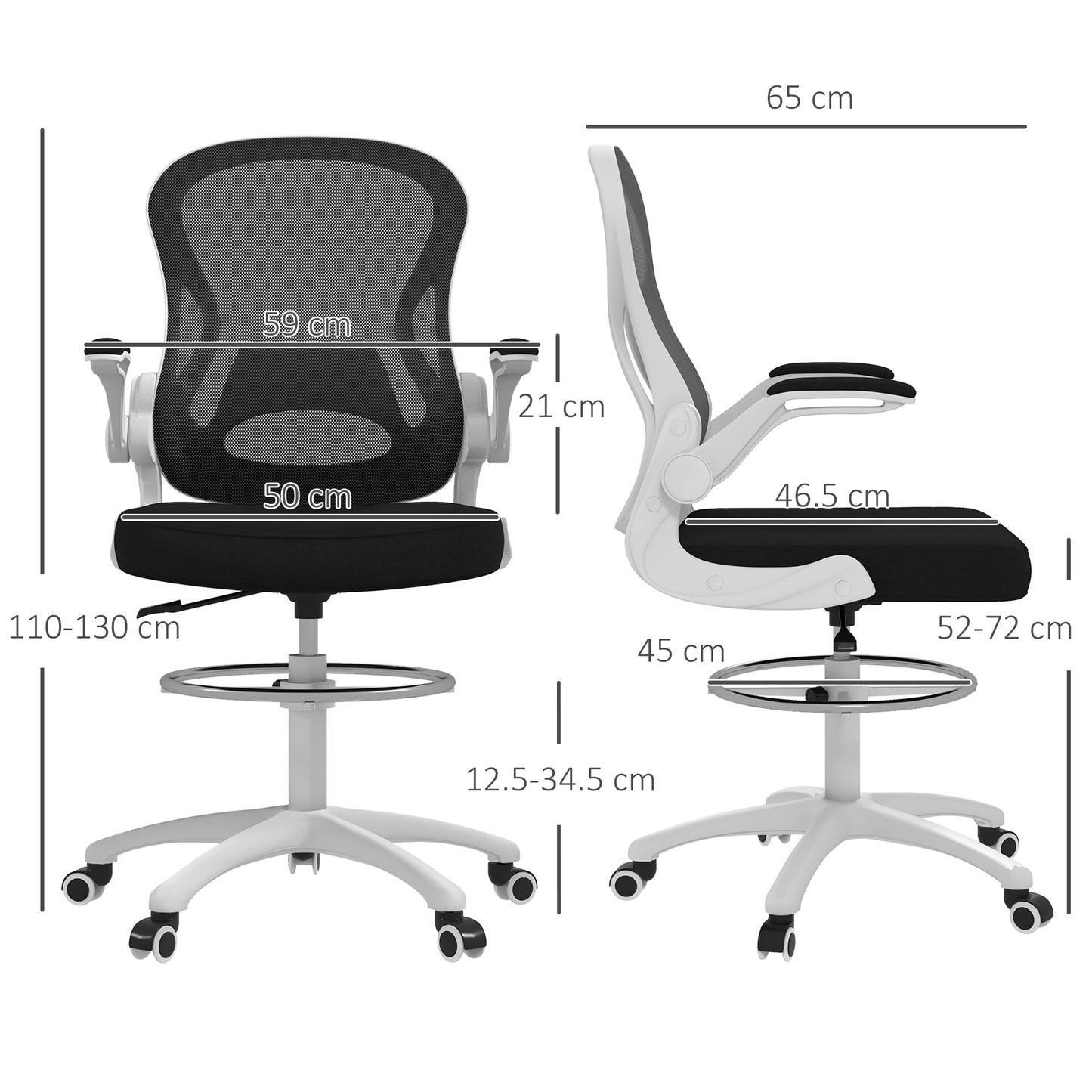 Ergonomic Office Chair in Breathable Fabric with Adjustable Height and Folding Armrests, 59x65x110-130 cm
