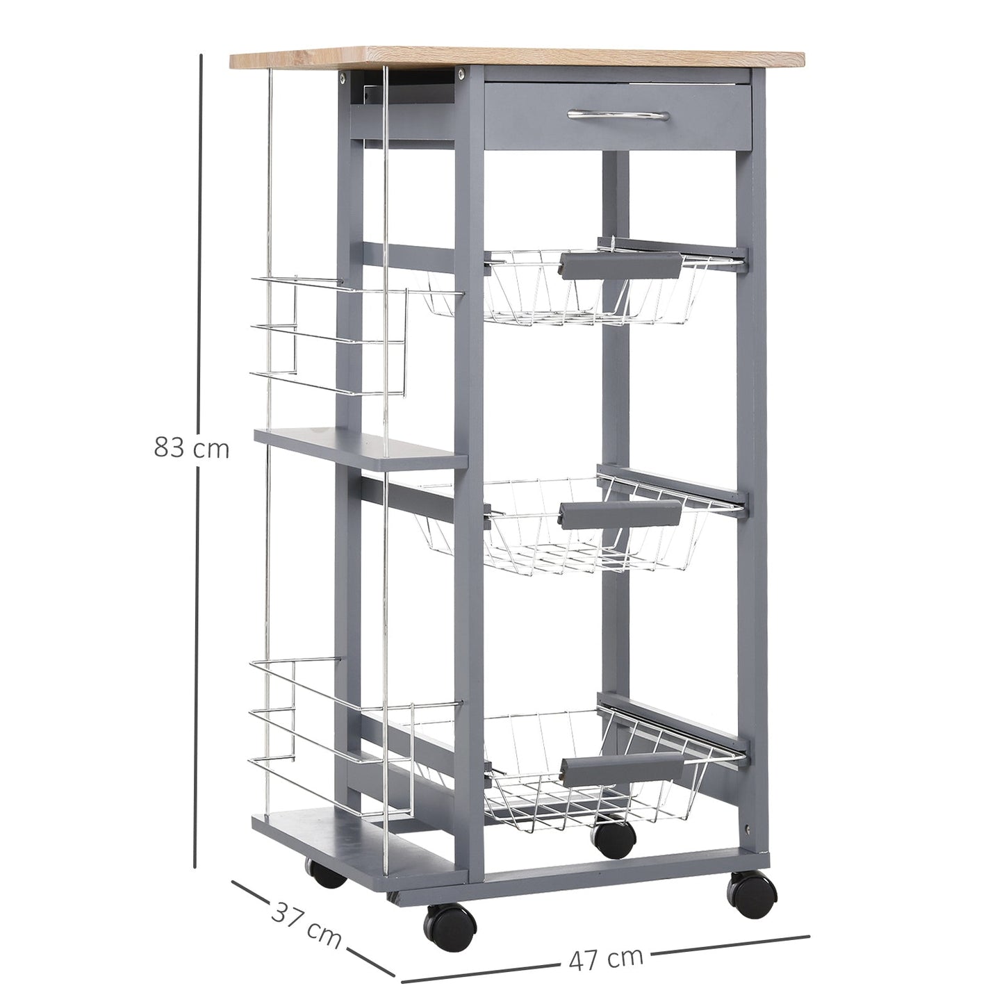 Kitchen Trolley with Pull-Out Drawers and 2 Bottle Holders, in Pine Wood and Metal, 47x37x83 cm