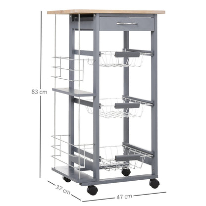 Kitchen Trolley with Pull-Out Drawers and 2 Bottle Holders, in Pine Wood and Metal, 47x37x83 cm