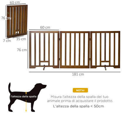 3 Panel Folding Dog Gate with Non-Slip Feet for Hallways, Stairs and Rooms, Pine Wood, 181x35x76 cm, Dark Brown