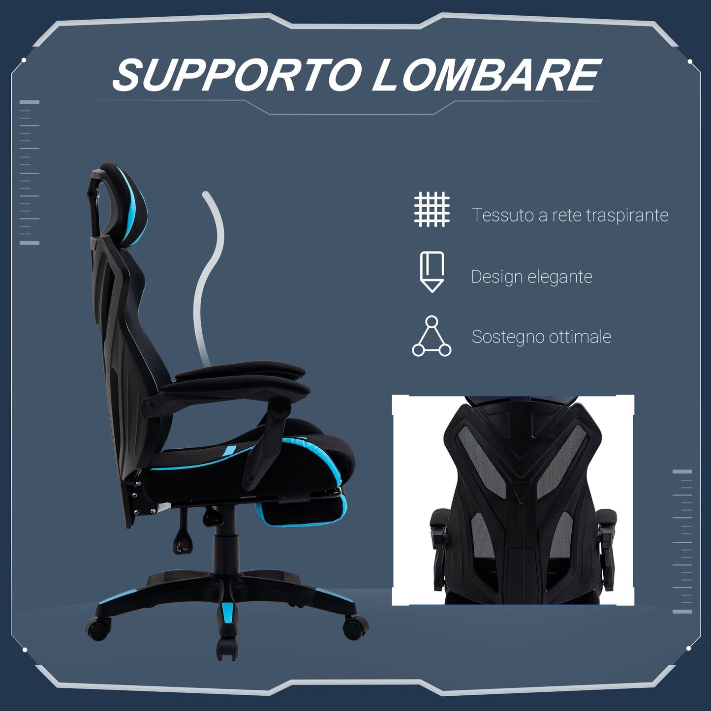 Gaming Chair with Lumbar Support, Ergonomic Office Chair with Adjustable Height in Black and Blue Fabric, 65x65x119-129cm