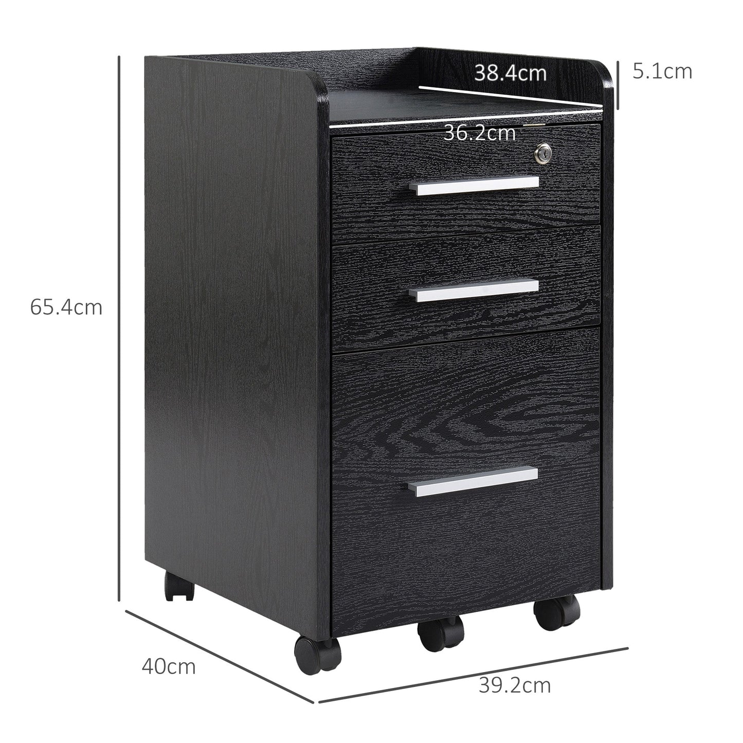 3-Drawer Wooden File Cabinet with Security Keys and 5 Wheels, 39.2 x 40 x 65.4 cm, Black