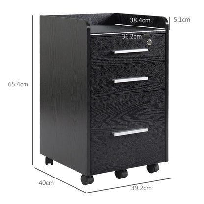 3-Drawer Wooden File Cabinet with Security Keys and 5 Wheels, 39.2 x 40 x 65.4 cm, Black