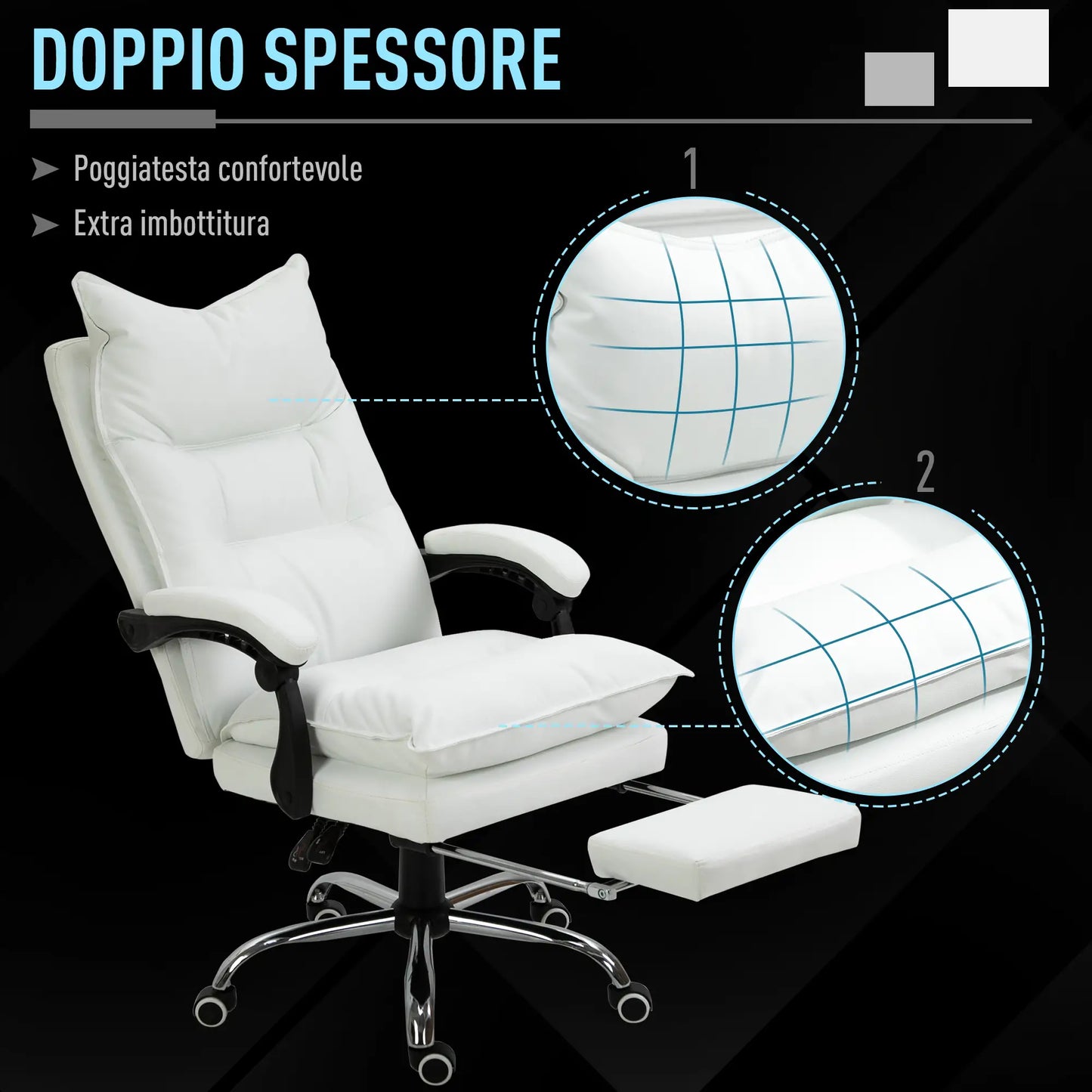 White Faux Leather Office Chair, Adjustable Height with 155° Reclining Backrest and Footrest