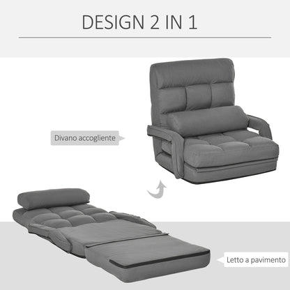 Single Sofa Bed with Cushion and 5-Level Reclining Backrest, 62x78x70 cm, Grey