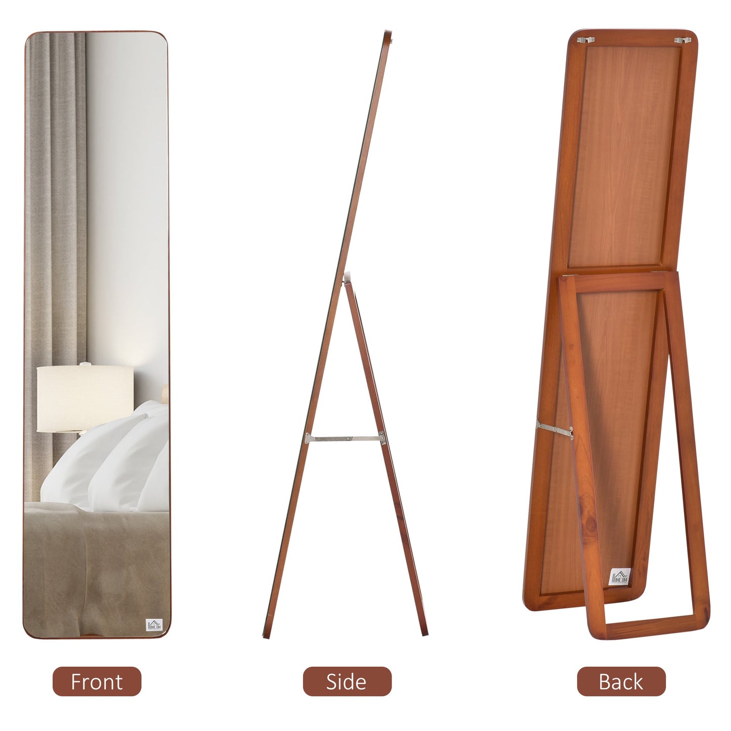 Floor and Wall Mirror with Wooden Frame, Folding Stand with Hinges, 37x43x156cm, Light Walnut