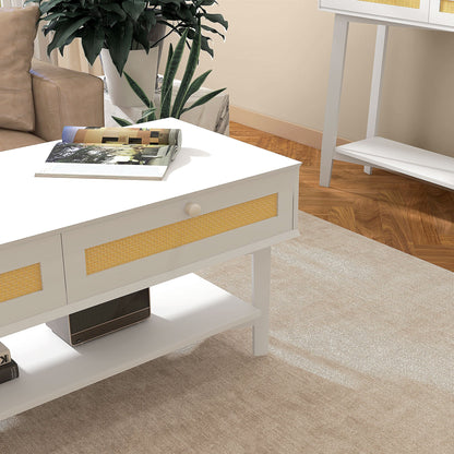 Boho Coffee Table with 2 Drawers and Shelf, Rattan and Chipboard, 120x50x50 cm, White and Wood Color