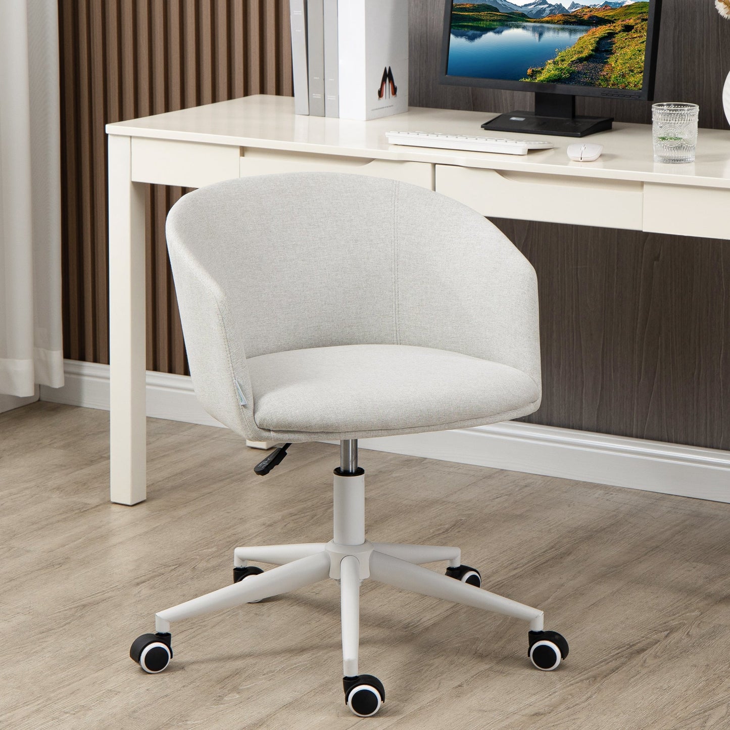 Height Adjustable Office Chair with Wheels and Swivel Fabric Seat, Light Grey