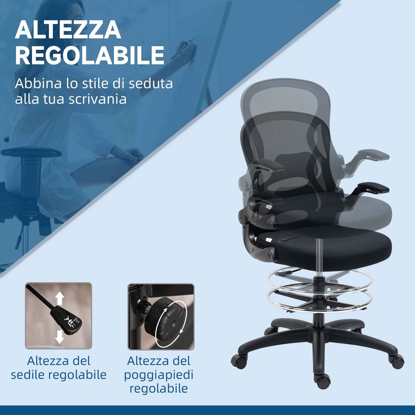 Office Chair with Lumbar Support, Adjustable Height and Flip-Up Armrests, 59x65x102-122 cm, Black