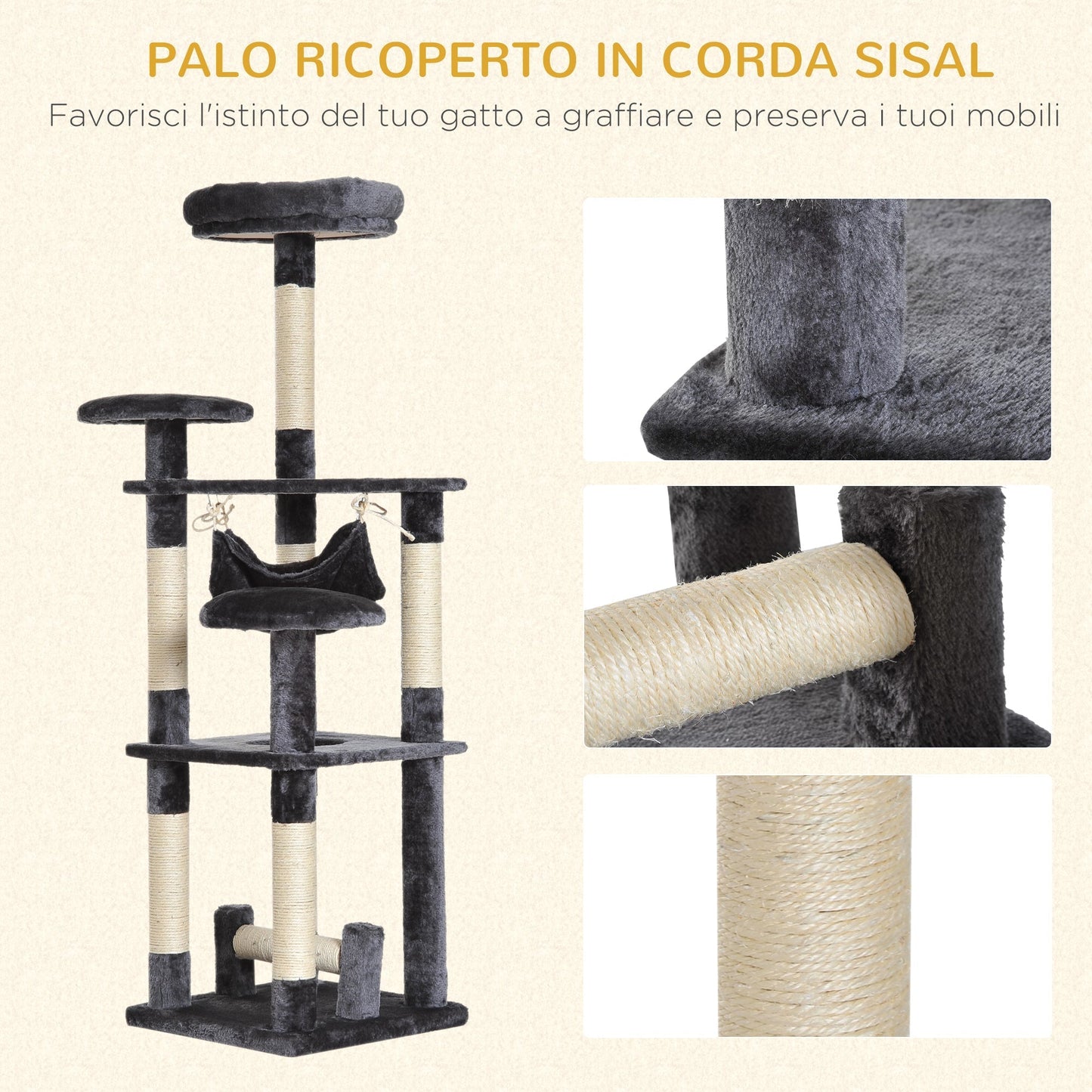 4-Tier Cat Tree with Hammock, Natural Sisal Plush Platforms, 132cm Height, Grey 4.8 (25)