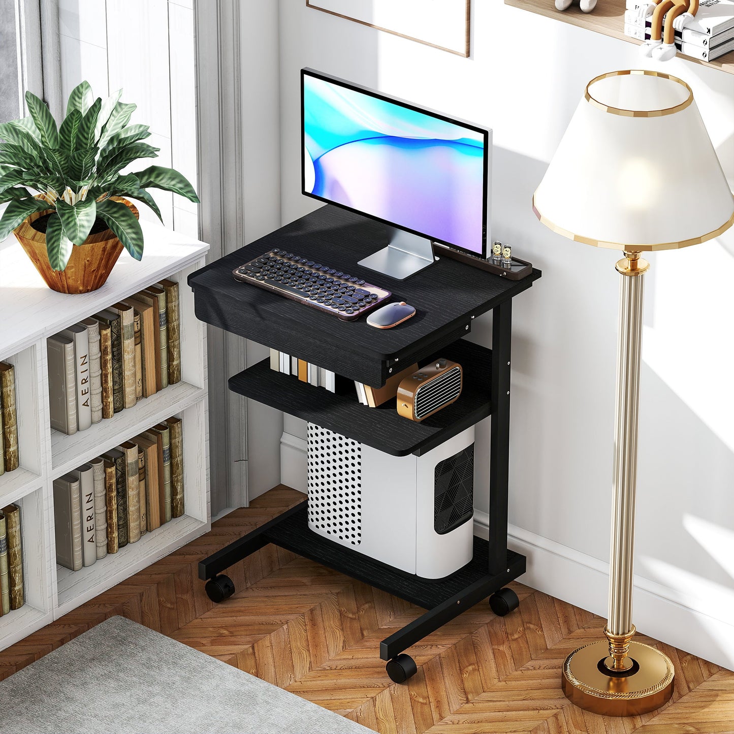 PC Desk with Sliding Drawer, 2 Shelves and 4 Wheels, in Wood and Metal, 56x51x79 cm, Black