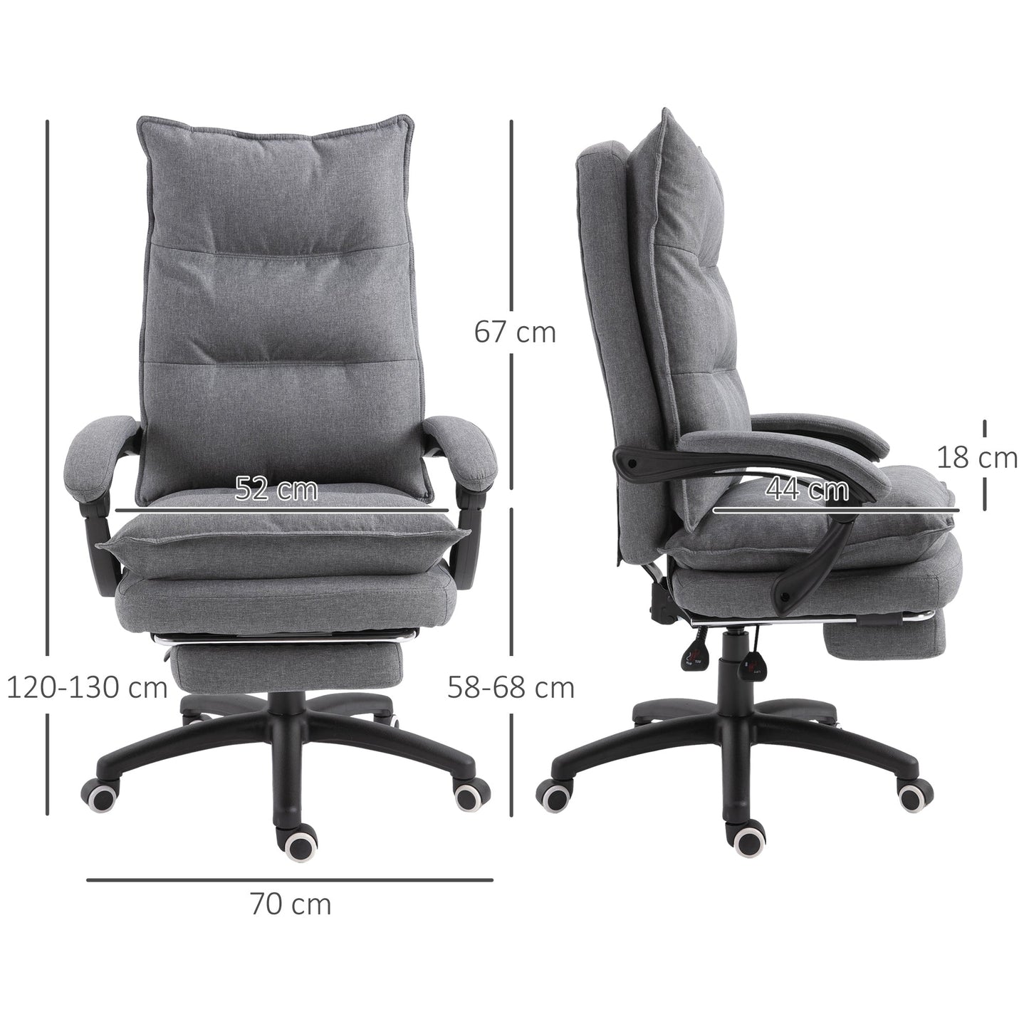 Padded Office Chair with 6 Massage Points, Adjustable Height and Wheels, 70x62x120-130 cm, Grey