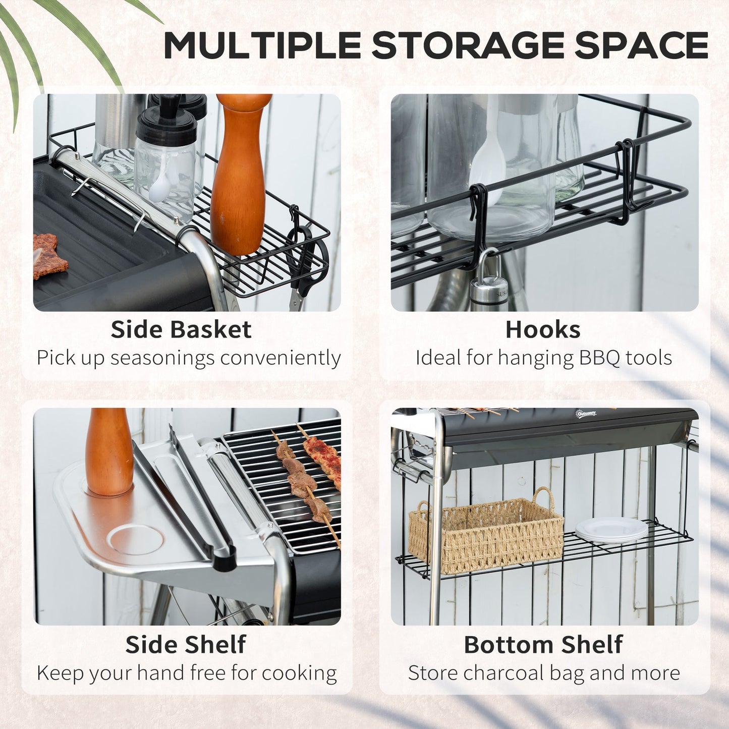 Charcoal Barbecue with Grill and Cooking Plate, Basket and Shelves, 96x61x72cm, Black