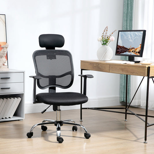 Ergonomic Office Chair with Adjustable Seat and Headrest, in Polyester and Steel, 63x62x106-114 cm, Black