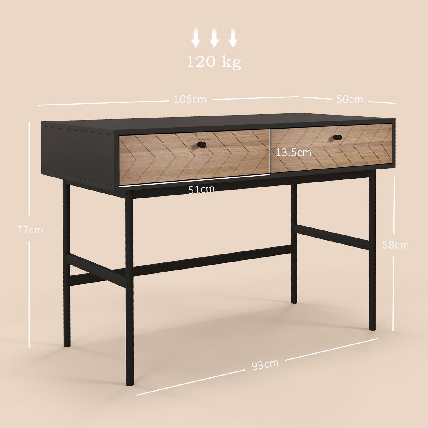 Modern Office Desk with 2 Drawers, Steel and MDF, 106x50x77 cm, Black and Oak