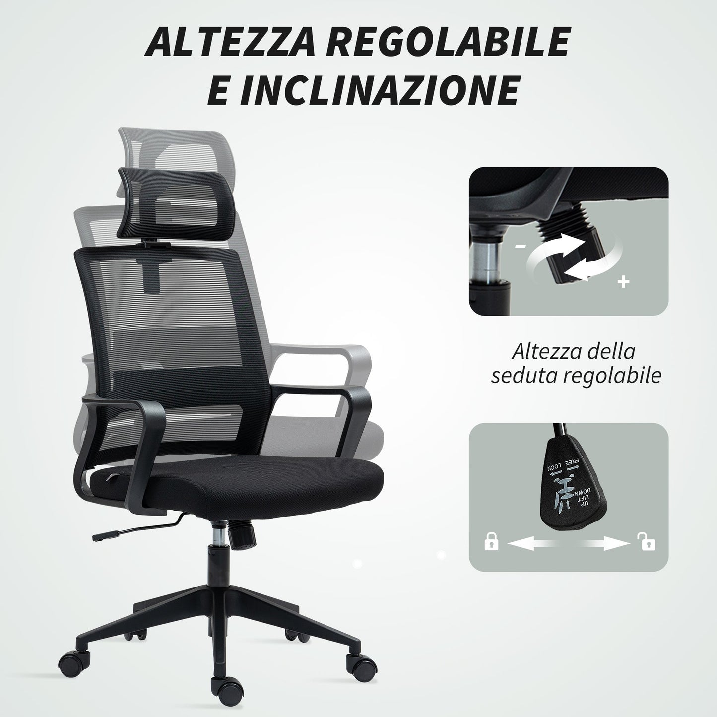 Ergonomic Office Chair with Adjustable Headrest and Height, Rocking Function and Wheels, Black