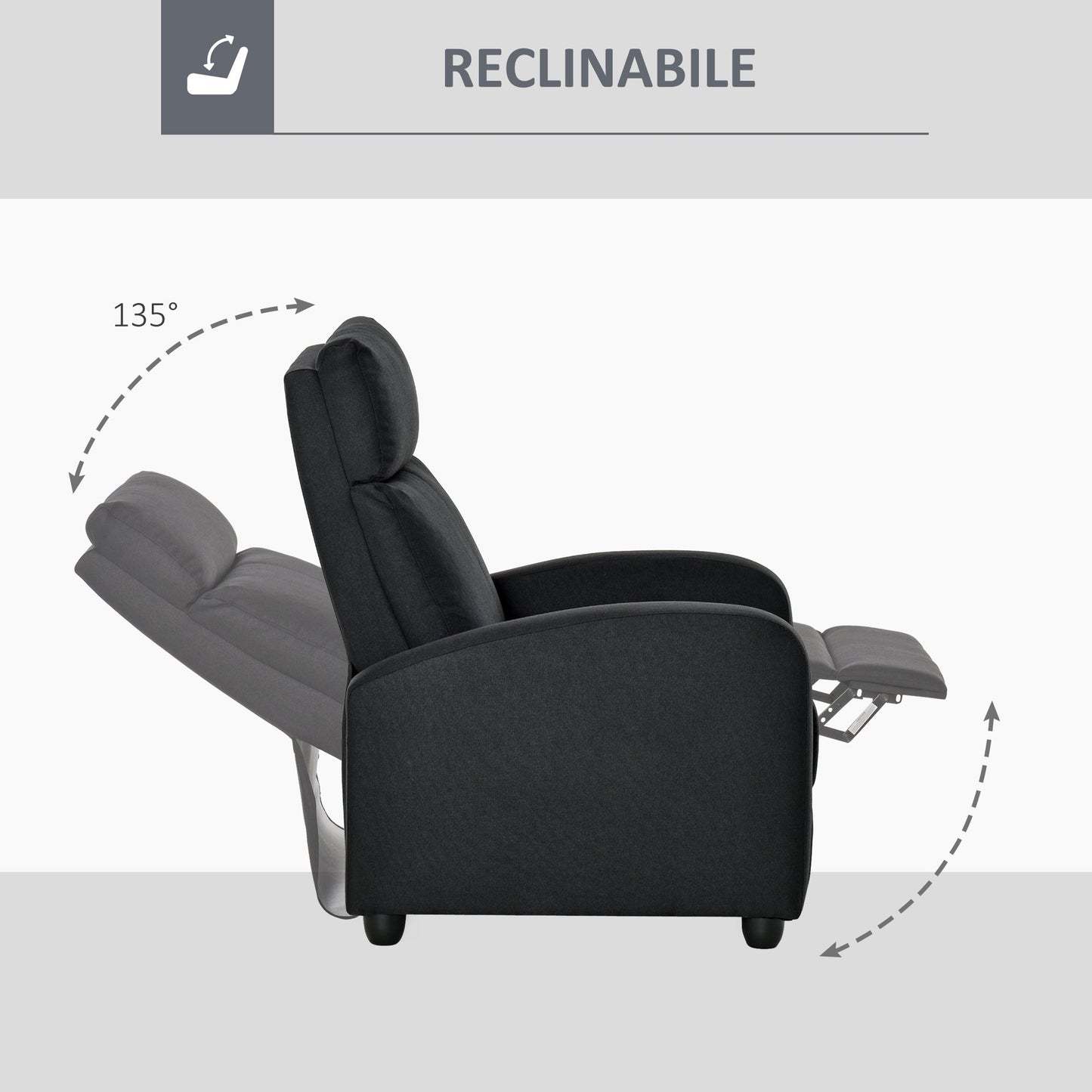 Padded Relax Chair with 135° Reclining Backrest and Removable Footrest, in Black Linen, 69x87x100.5cm