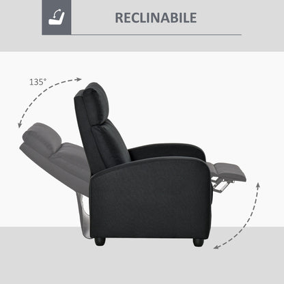 Padded Relax Chair with 135° Reclining Backrest and Removable Footrest, in Black Linen, 69x87x100.5cm