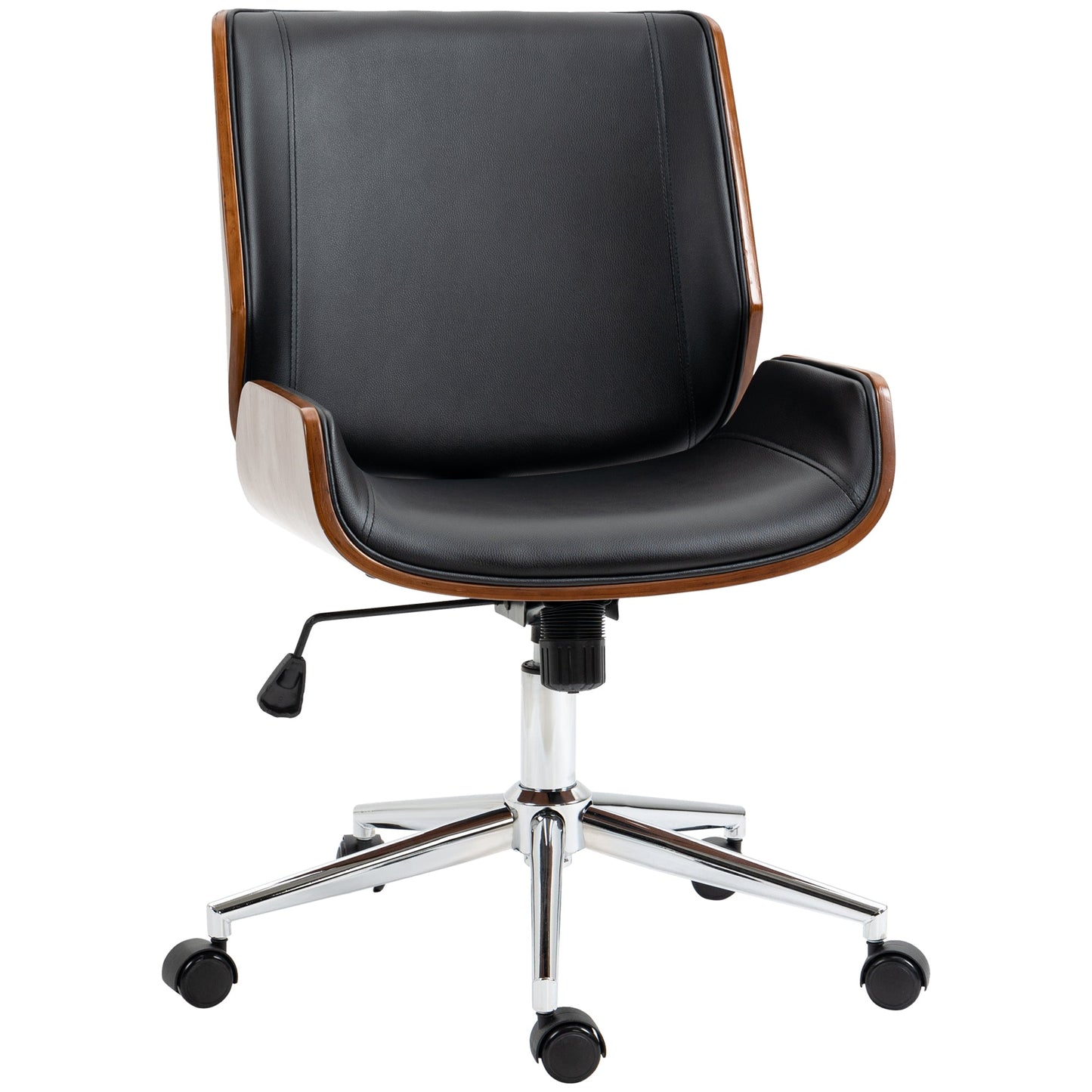 Vintage Padded Office Chair, Faux Leather, Wood and Steel, 53x60x86-96 cm, Black and Dark Brown