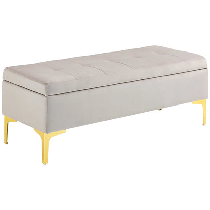 Bedside Storage Bench with Velvet Fabric and Golden Legs, 120x44x44.5cm, Light Grey