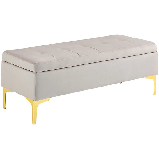Bedside Storage Bench with Velvet Fabric and Golden Legs, 120x44x44.5cm, Light Grey