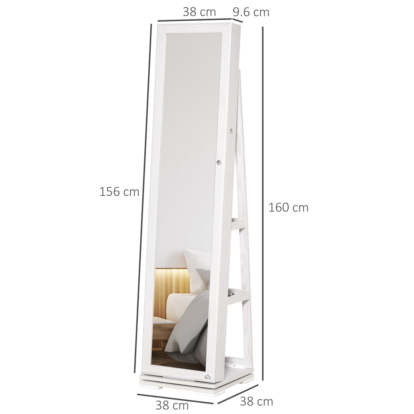Rotating Jewellery Mirror for Bedroom with 2 Keys, White Wood and Glass, 38x38x160 cm