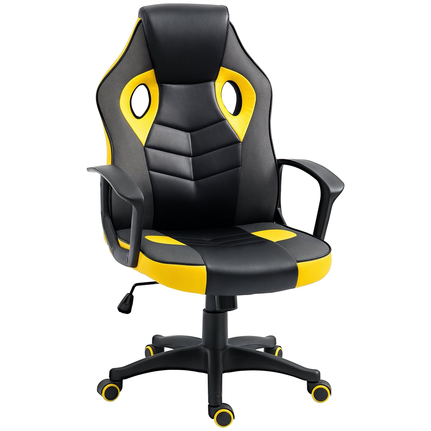 Ergonomic Gaming Chair, Swivel Office Chair with Wheels in Black and Yellow Faux Leather, Adjustable Height