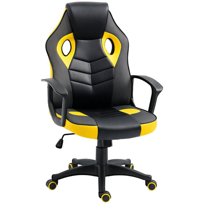 Ergonomic Gaming Chair, Swivel Office Chair with Wheels in Black and Yellow Faux Leather, Adjustable Height