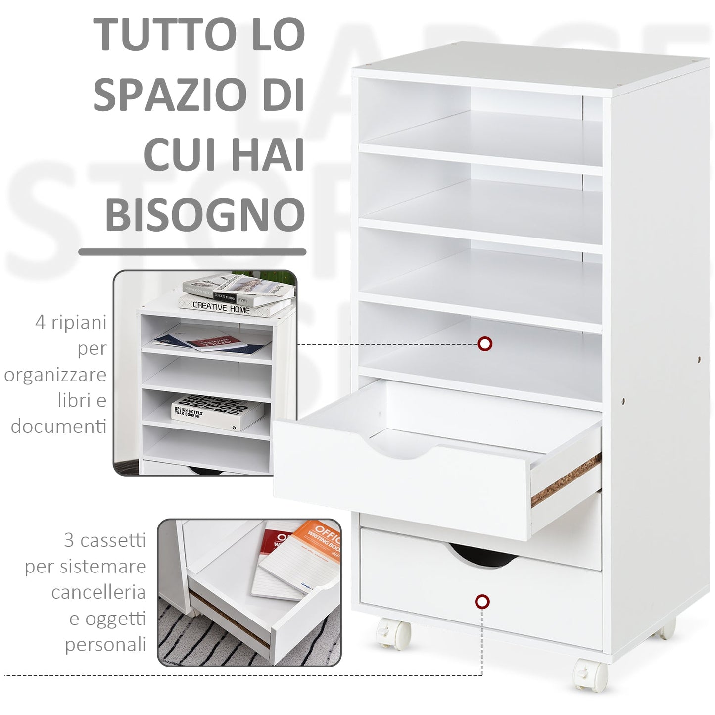 Office Drawer Unit with 4 Wheels 4 Shelves 3 Drawers, MDF Wood Document Cabinet, 38x40x86.8 cm, White