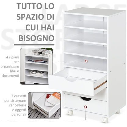 Office Drawer Unit with 4 Wheels 4 Shelves 3 Drawers, MDF Wood Document Cabinet, 38x40x86.8 cm, White