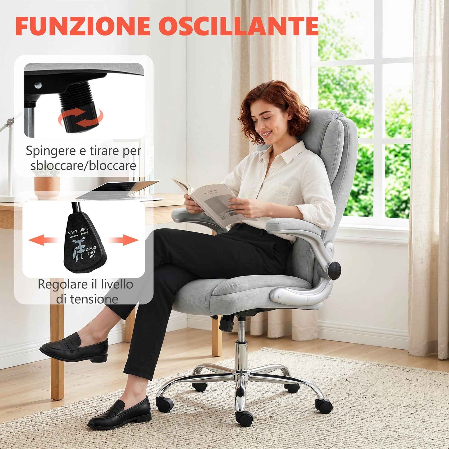 Ergonomic Chair, High Back, Printed Velvet, Foldable Armrests, Cream White