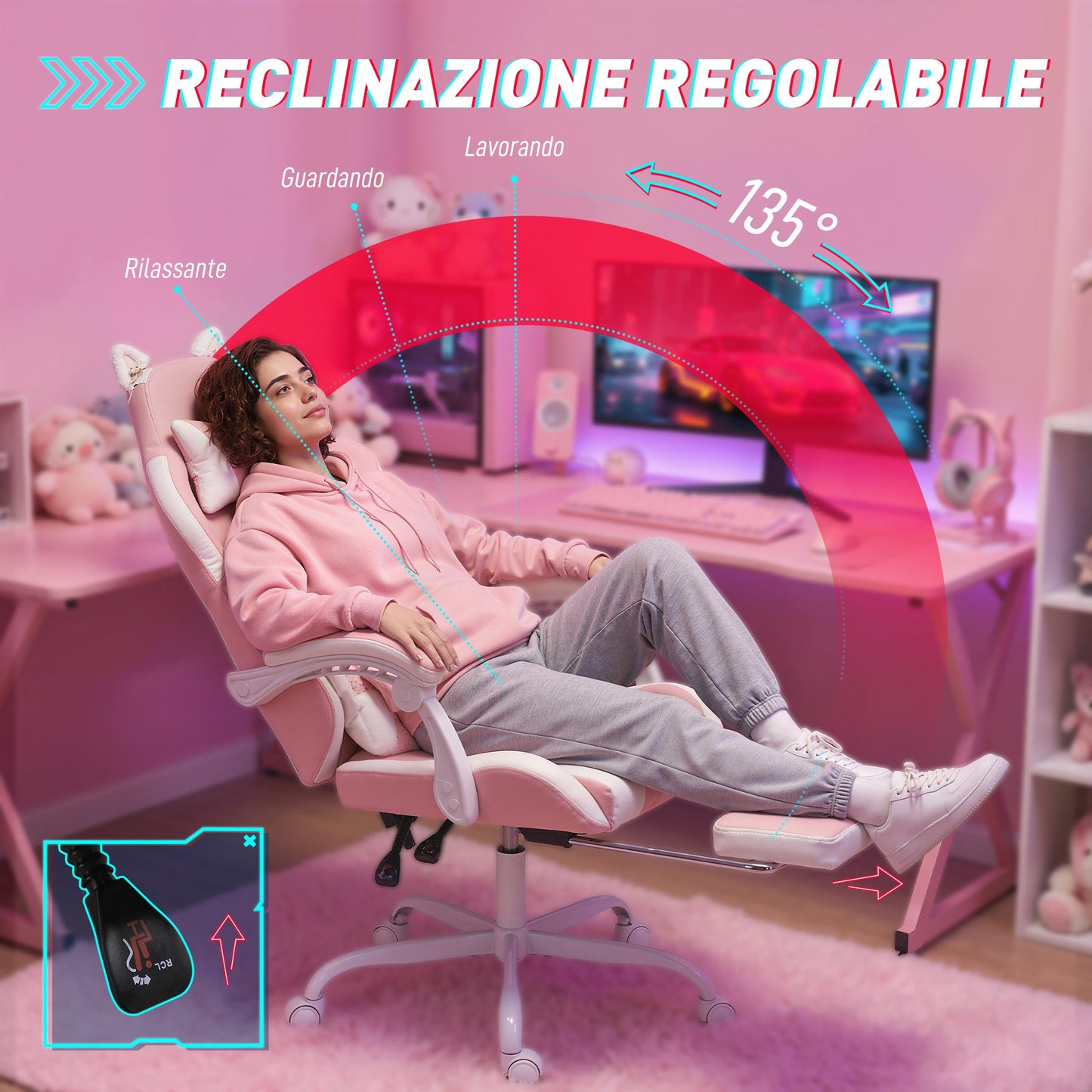 Gaming Chair Ergonomic Reclining Gaming Chair with Footrest Pink