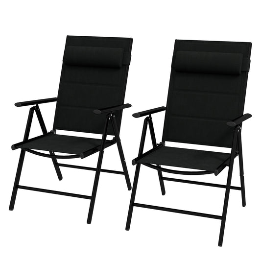 Set of 2 Folding Chairs with Reclining Backrest and Headrest, Made of Aluminum and Polyester, 54x67x108 cm, Black