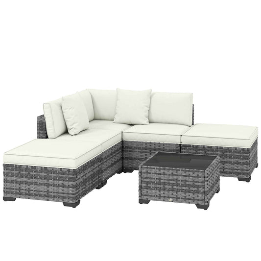6-Piece Rattan and Steel Garden Furniture Set with Sofa, Coffee Table, and Cushions, Grey