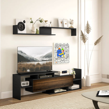 TV Cabinet with Wall Shelf, Open Shelves and Wooden Cabinet, Black and Brown