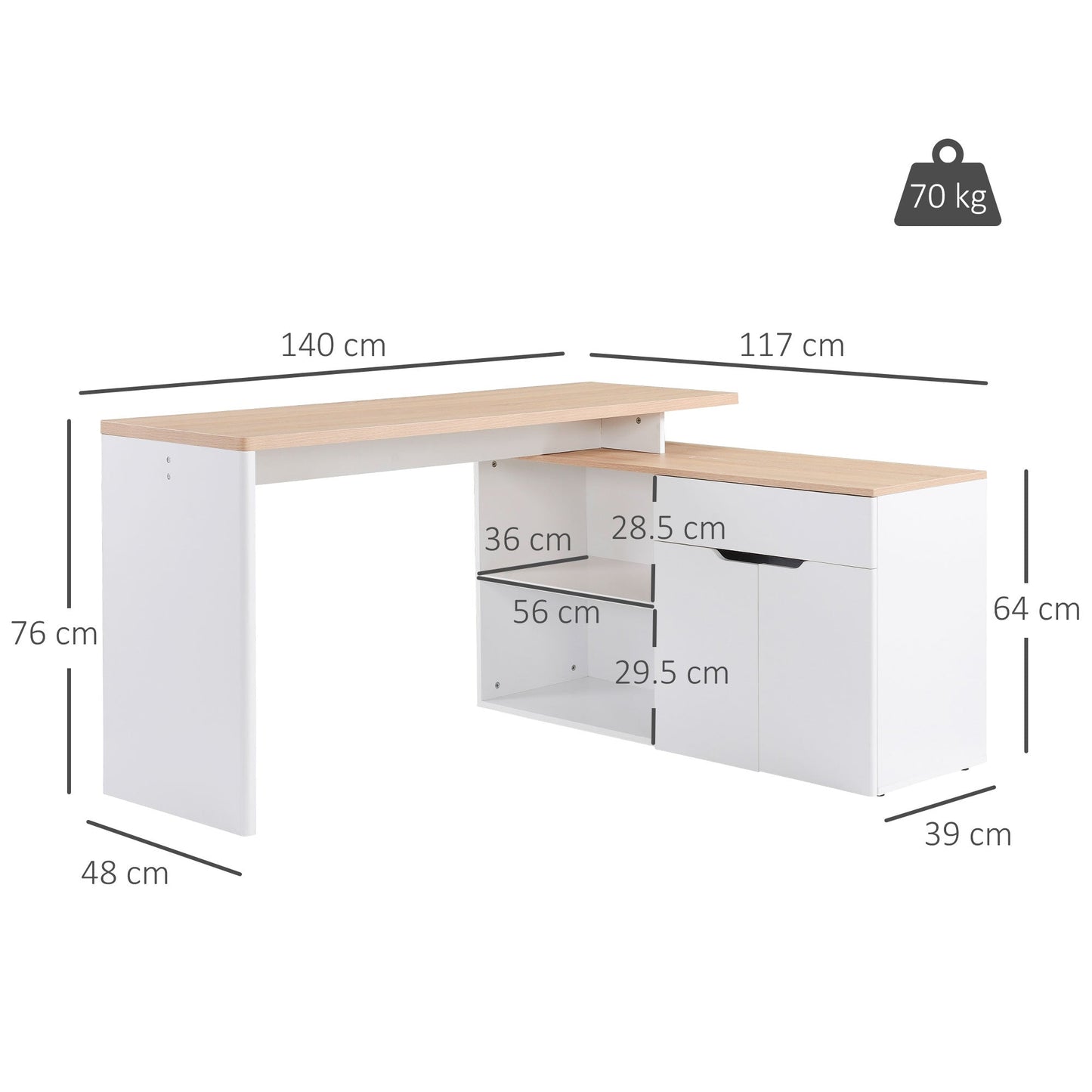 Corner Desk with 2-Tier Bookcase, Cabinet and Drawer, 140x117x76 cm, Wood and White