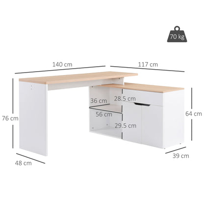 Corner Desk with 2-Tier Bookcase, Cabinet and Drawer, 140x117x76 cm, Wood and White