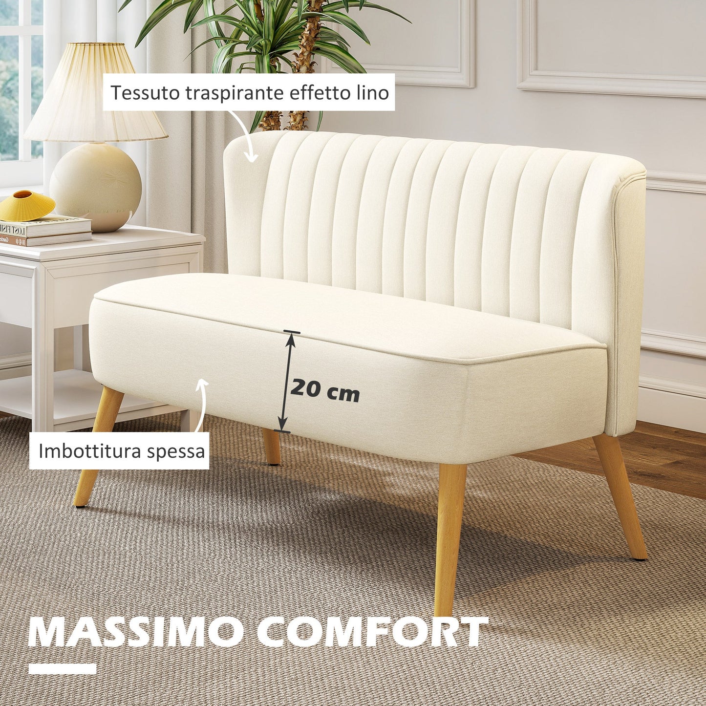 2-Seater Modern Fabric Sofa with Wooden Legs, 117 x 56.5 x 77 cm, Cream White