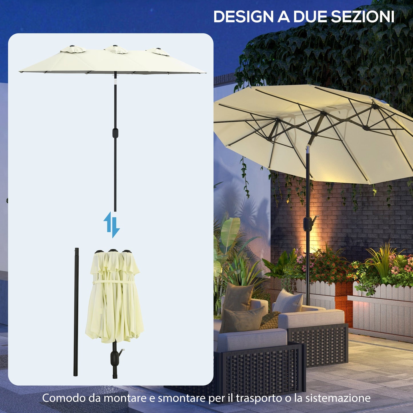 Double Tilting Garden Umbrella with Crank Opening, 285x147x227cm, Beige