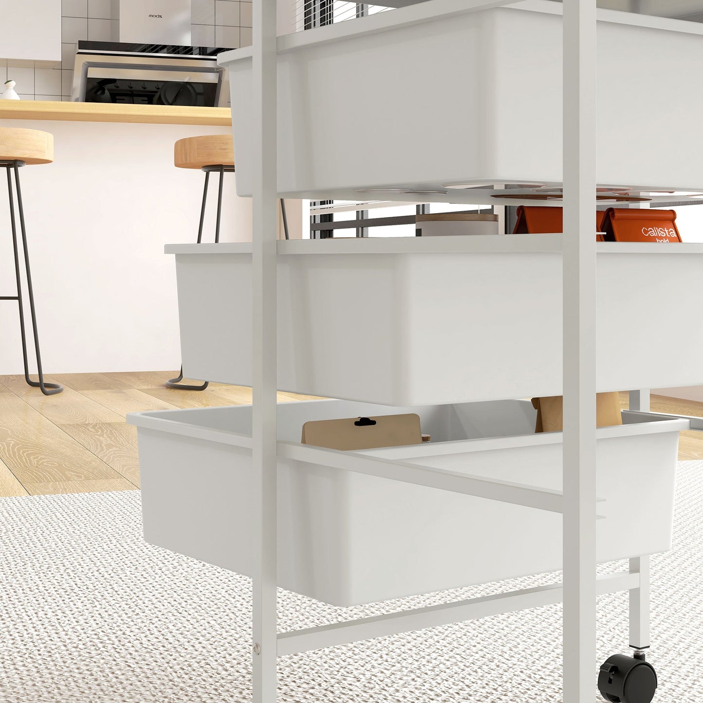 Multipurpose Trolley with 3 Removable Baskets and Wheels for Kitchen and Office in Steel and PP, White