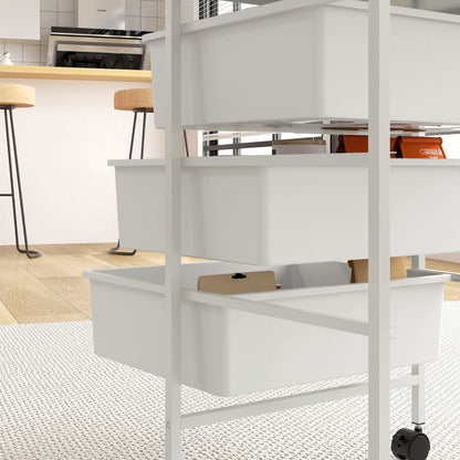 Multipurpose Trolley with 3 Removable Baskets and Wheels for Kitchen and Office in Steel and PP, White