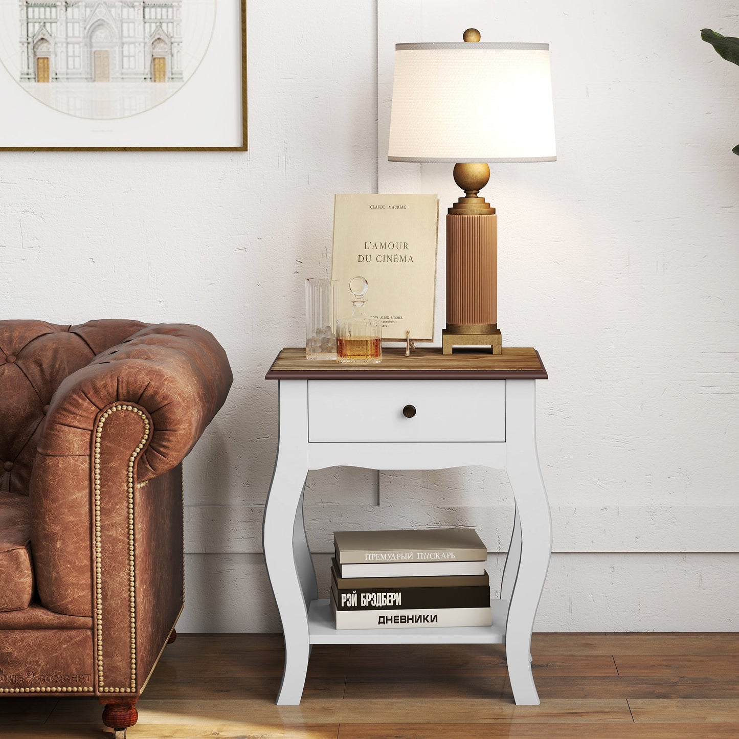 French Style Wooden Nightstand with Drawer and Open Shelf, 45x35x55 cm, White and Oak