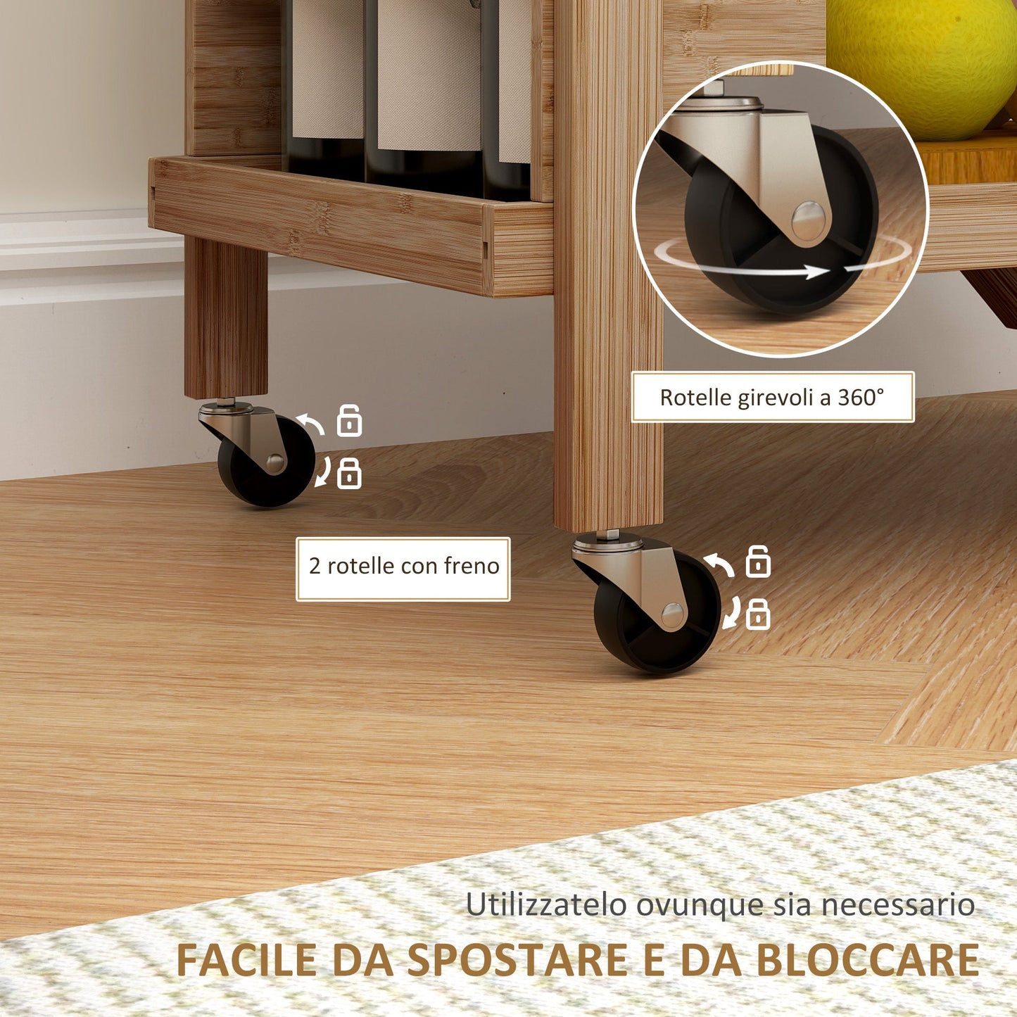 2-Tier Folding Kitchen Trolley with Bamboo Bottle Holder