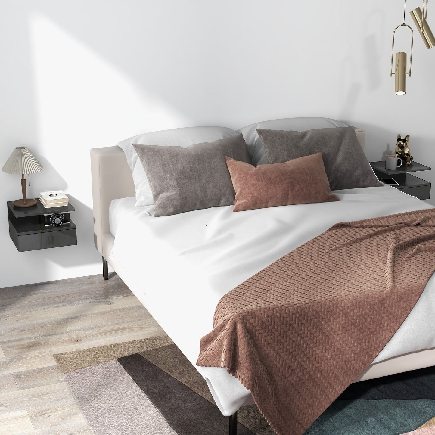 Set of 2 Modern Floating Bedside Tables with Drawer and Wooden Shelf 35x32x22.5cm, Glossy Black