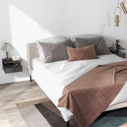 Set of 2 Modern Floating Bedside Tables with Drawer and Wooden Shelf 35x32x22.5cm, Glossy Black