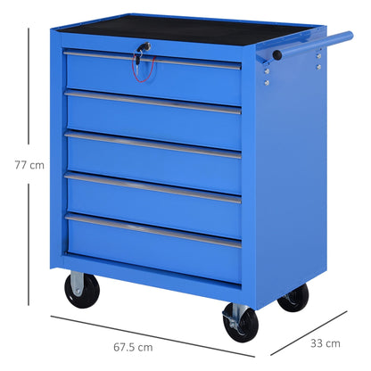 5 Drawer Workshop Trolley with Wheels Metal Blue, 67.5x 33 x 77cm