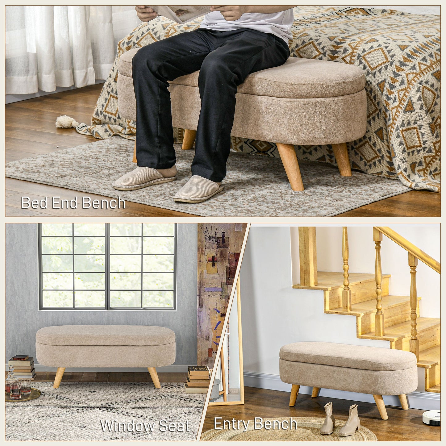 Padded Bed End Bench with Retractable Storage Space, in Wood and Polyester, 110x40x43 cm, Beige